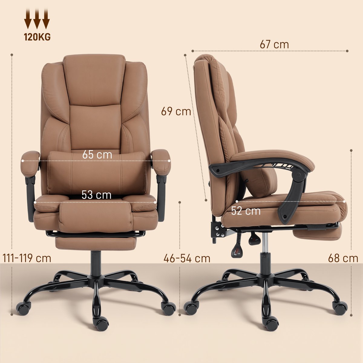 Chaise de bureau Cuir synthétique Marron marron, HOMCOM