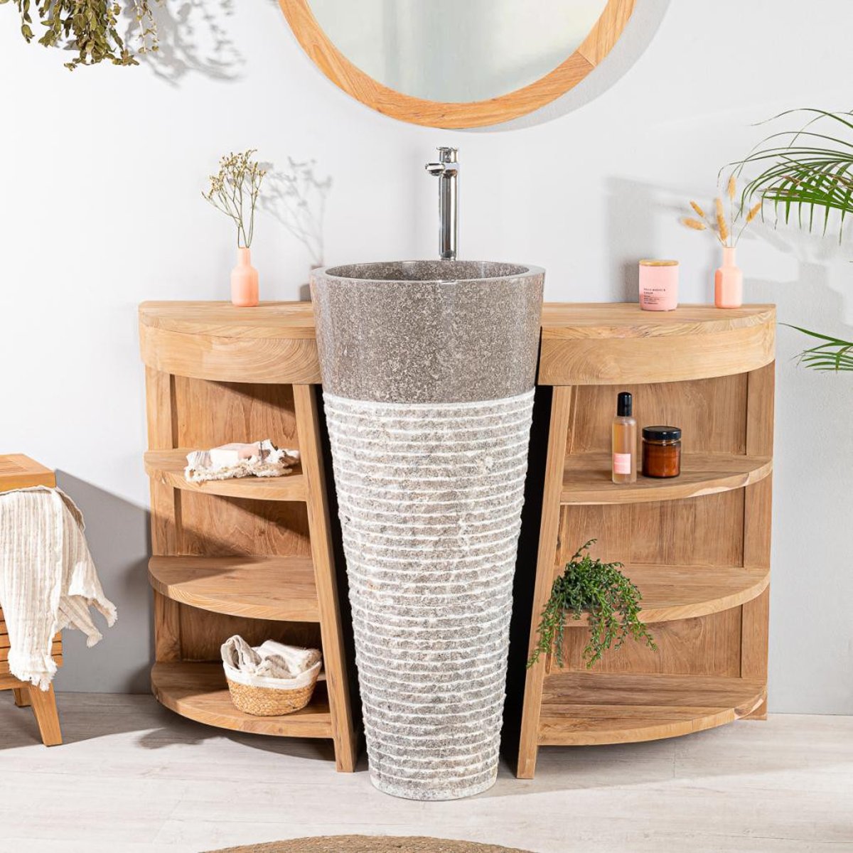 Meuble sous vasque en teck rectangle + vasque 120cm FLORENCE gris, WANDA COLLECTION