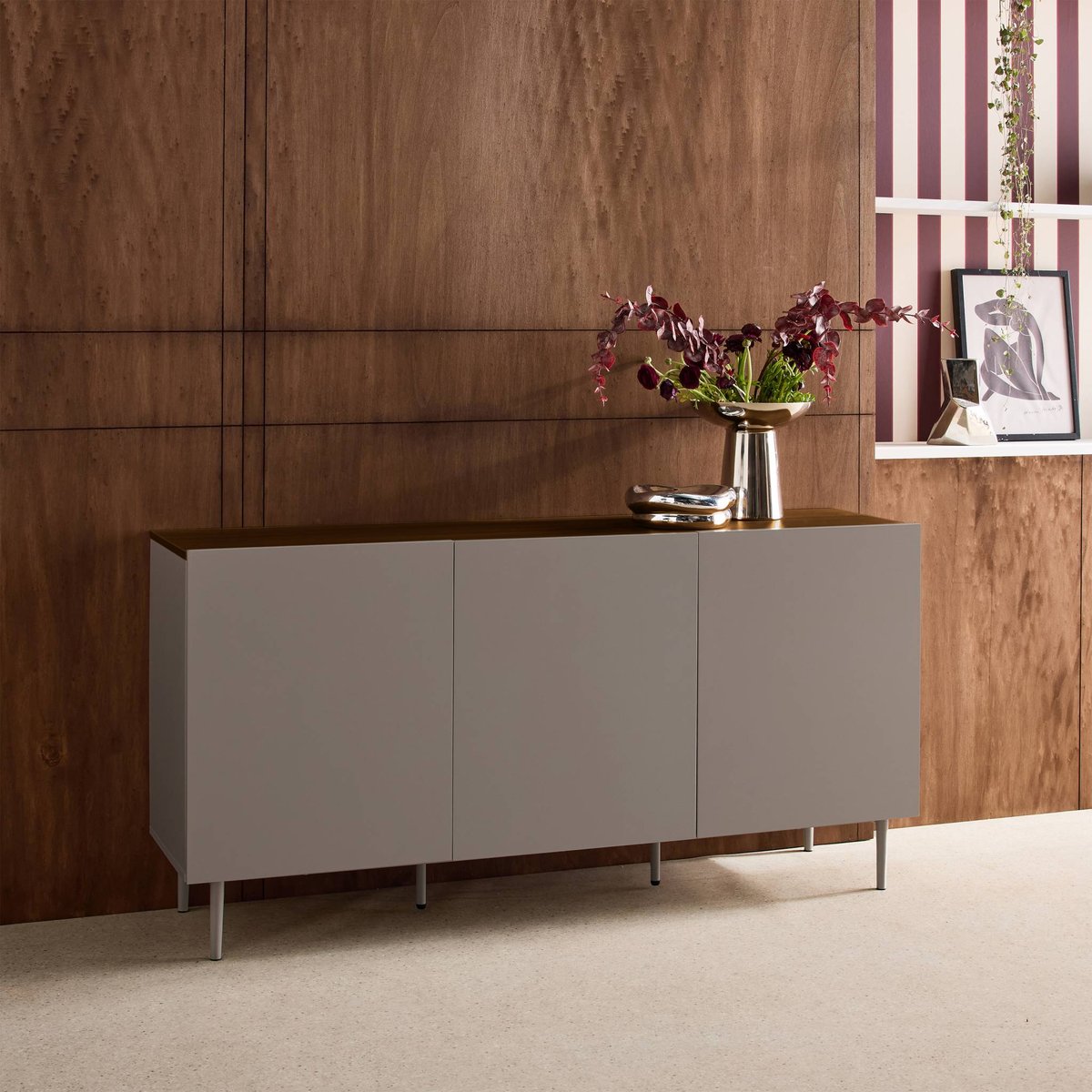 Buffet décor bois piétement métal 3 portes 150cm ASHTON gris, SWEEEK