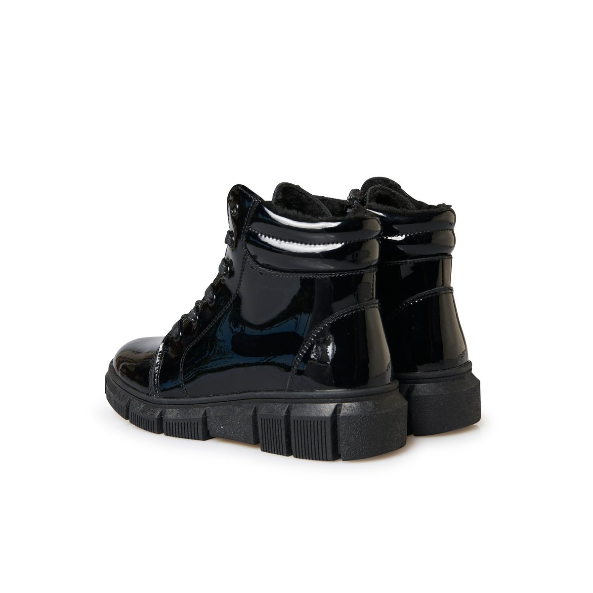 Boots fourrées fermées par zip et lacets vernis noir, PEDICONFORT