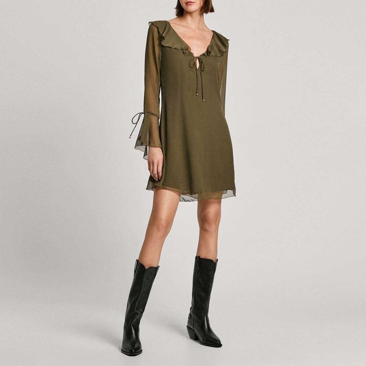Robe Courte À Col Volant vert feuille, PEPE JEANS