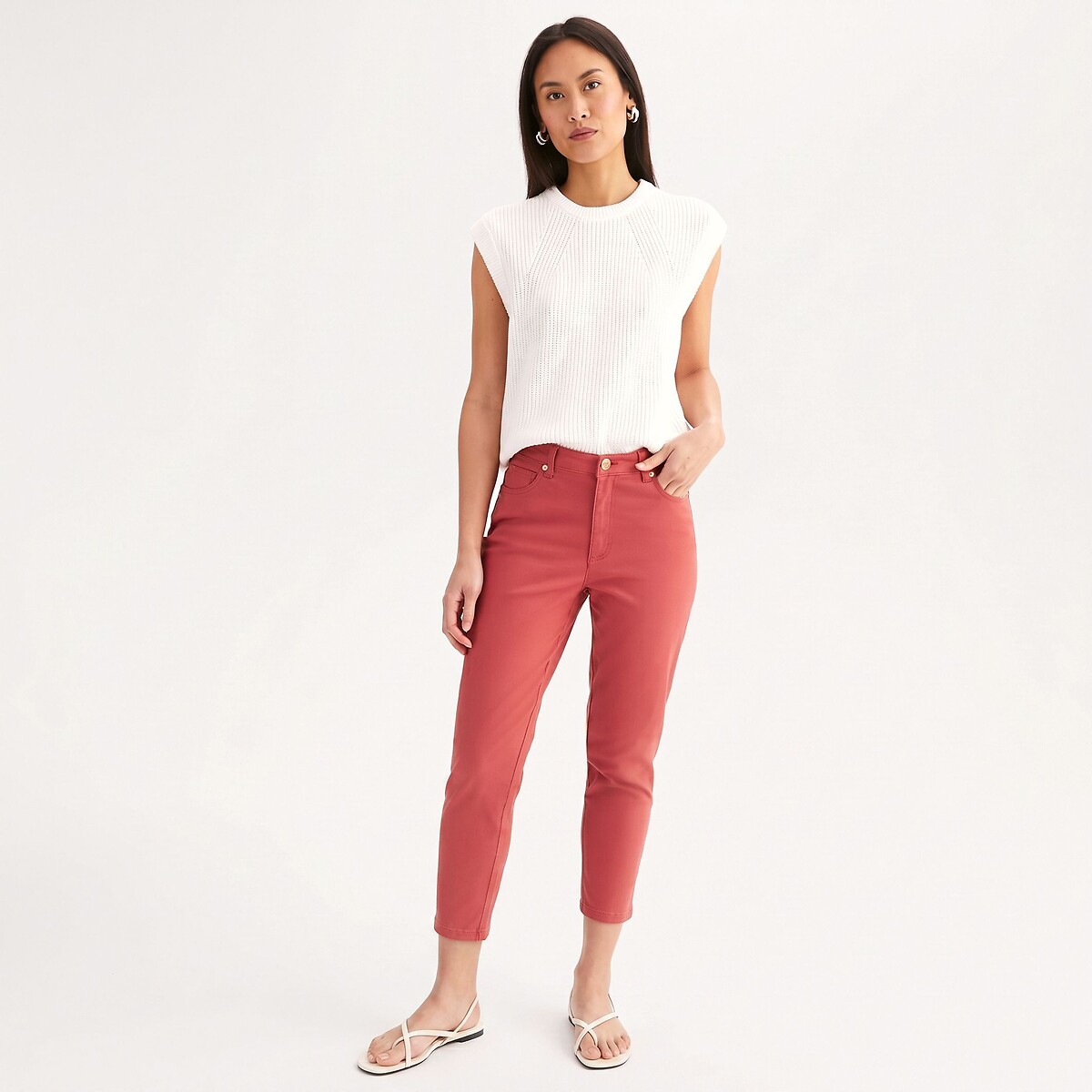 Pantalon droit 7/8ème, coton stretch rouge brique, ANNE WEYBURN