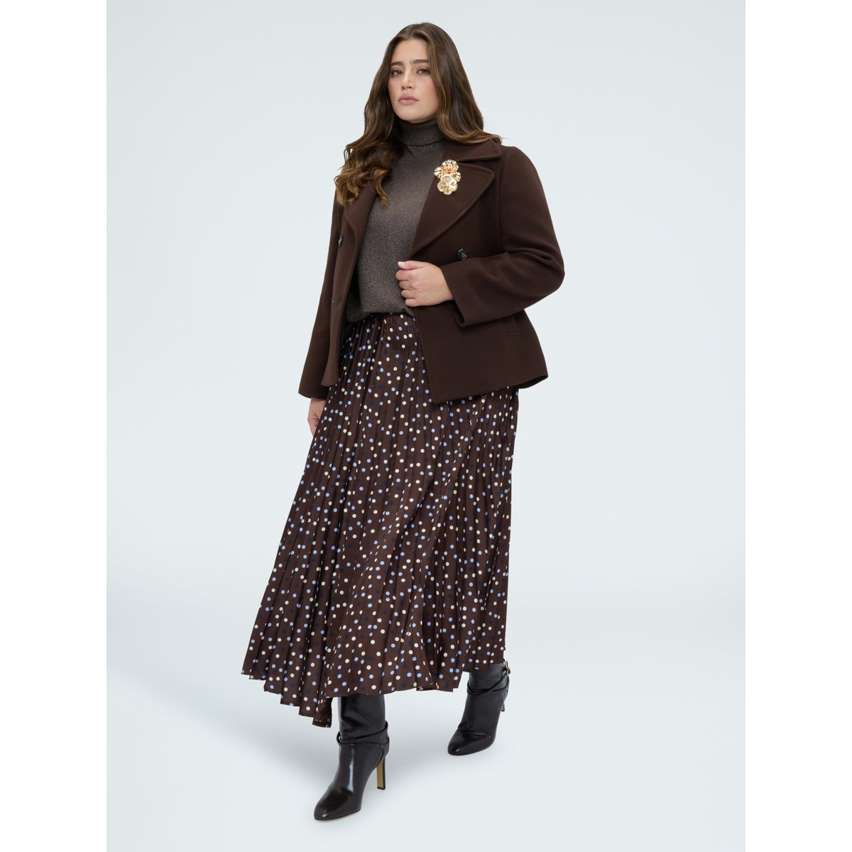 Jupe longue à pois en satin plissé marron, FIORELLA RUBINO