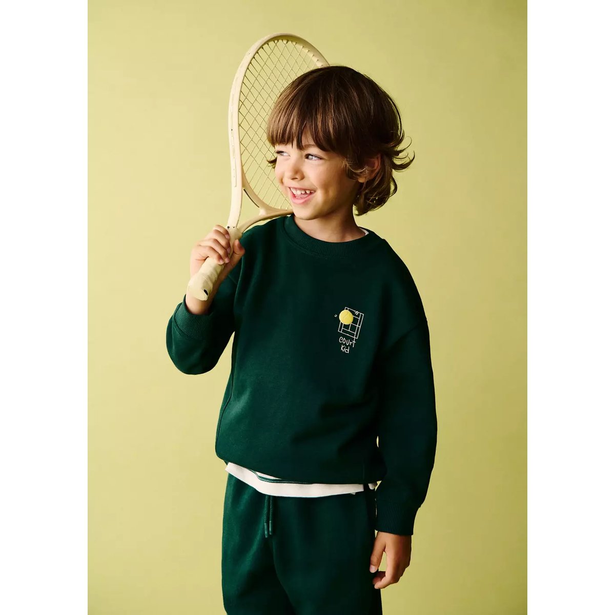 Sweat 100 % coton motif tennis vert foncé, MANGO BABY