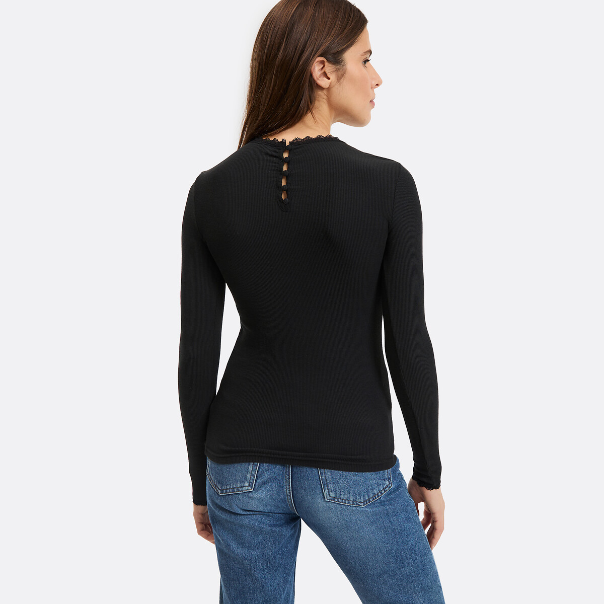 Slim Fit Crew Neck Lace Detail T-Shirt black, LA REDOUTE COLLECTIONS