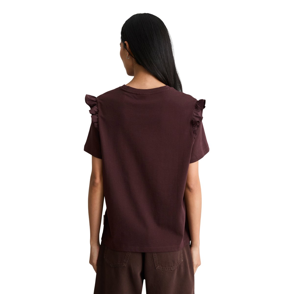 T-shirt regular avec ruches popline sur les bras rouge foncé, MARC O’POLO DENIM