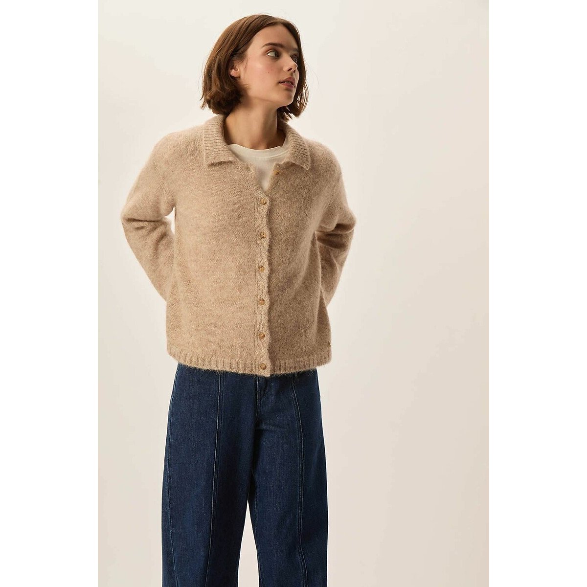 Anouka Long Sleeve Cardigan with Polo Collar taupe, DES PETITS HAUTS