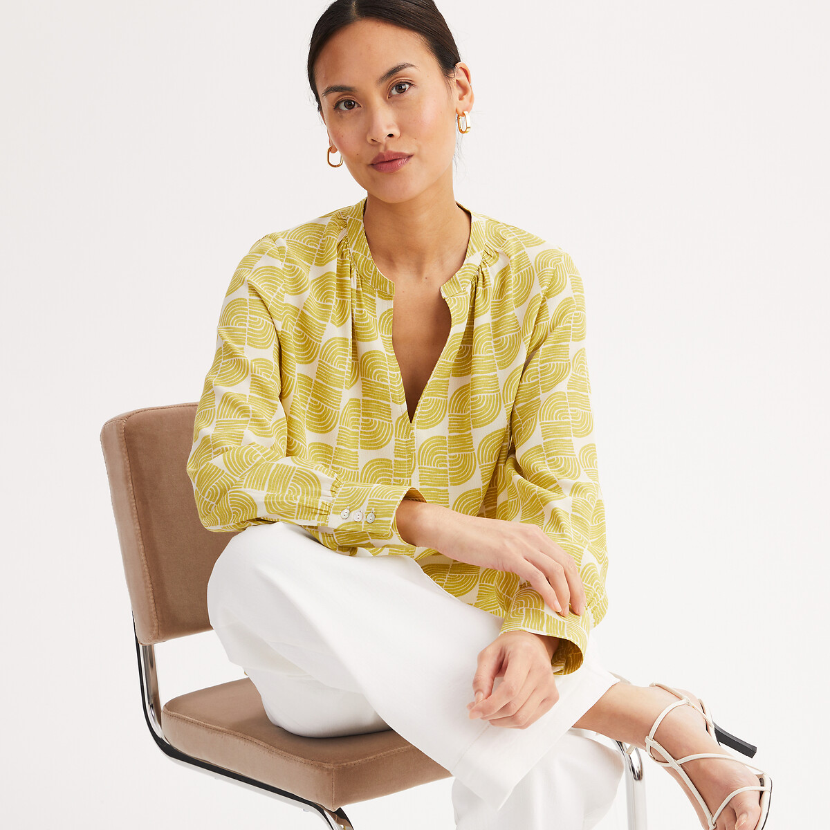 Blouse col tunisien, imprimé graphique, manches longues imprimé jaune, ANNE WEYBURN