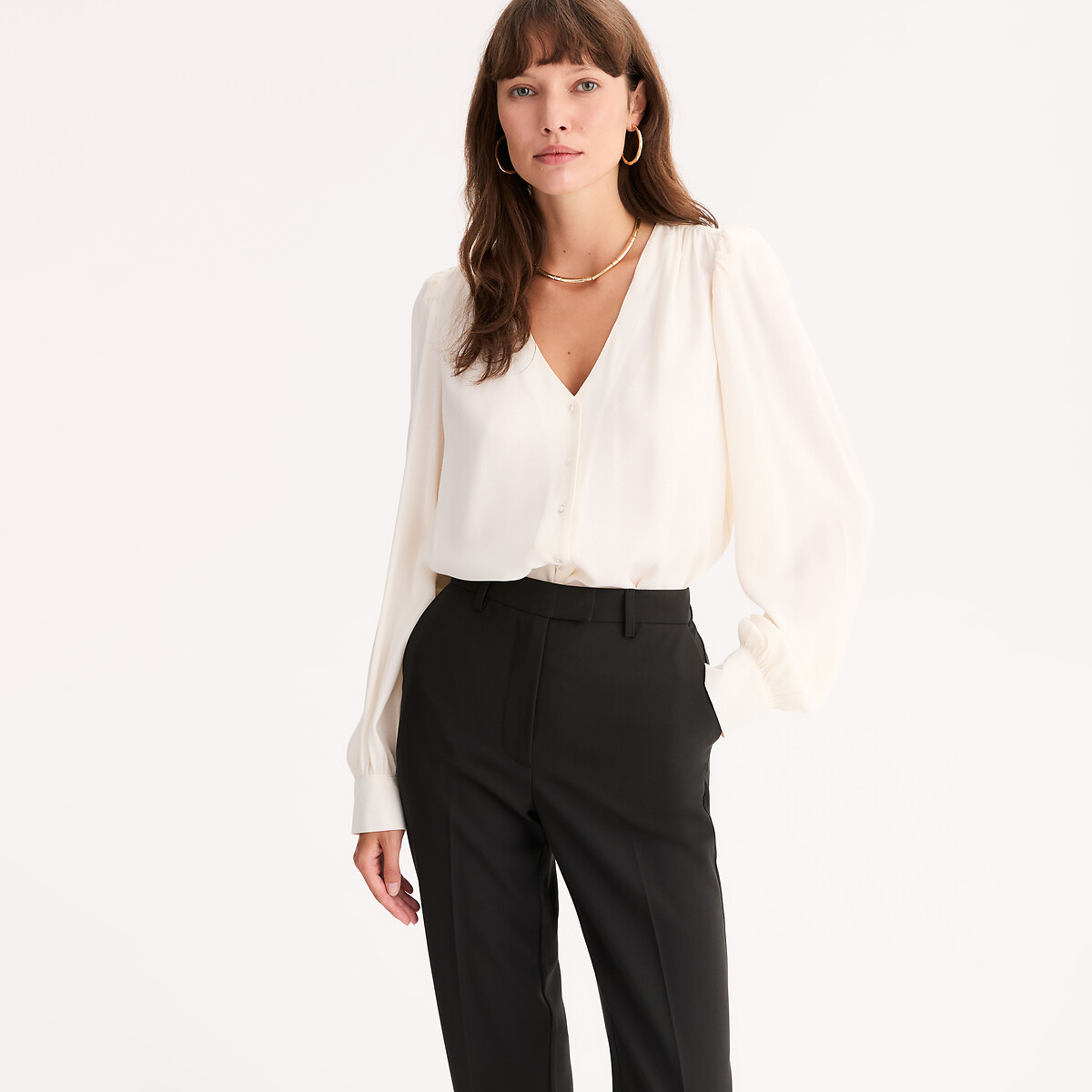 Blusa com decote em V e mangas compridas cru, ANNE WEYBURN