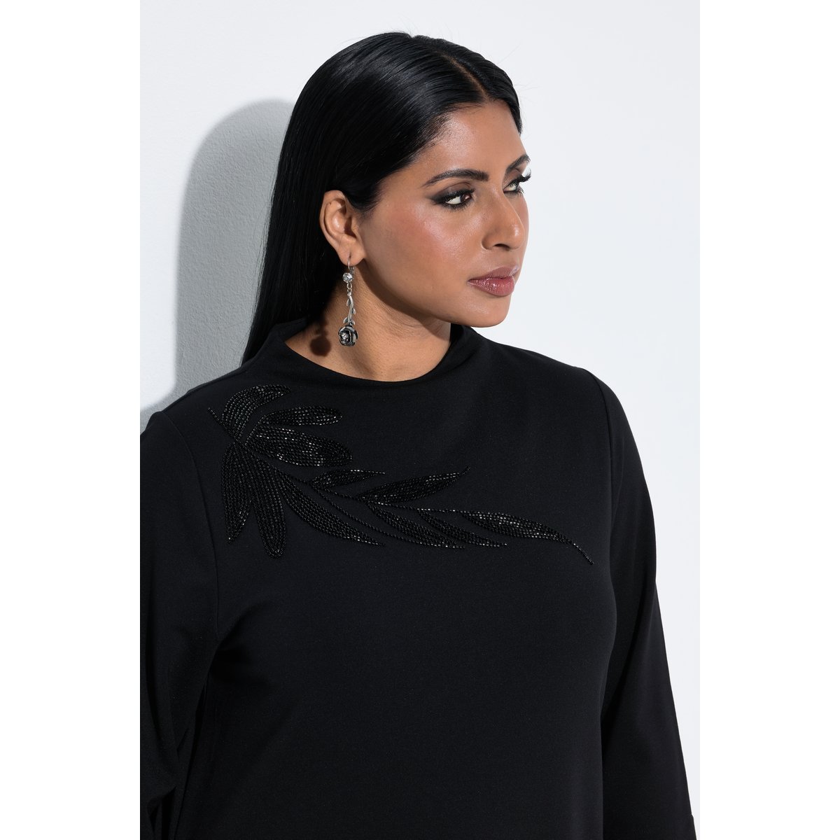 Robe midi point de Rome, perles brodées noir, ULLA POPKEN