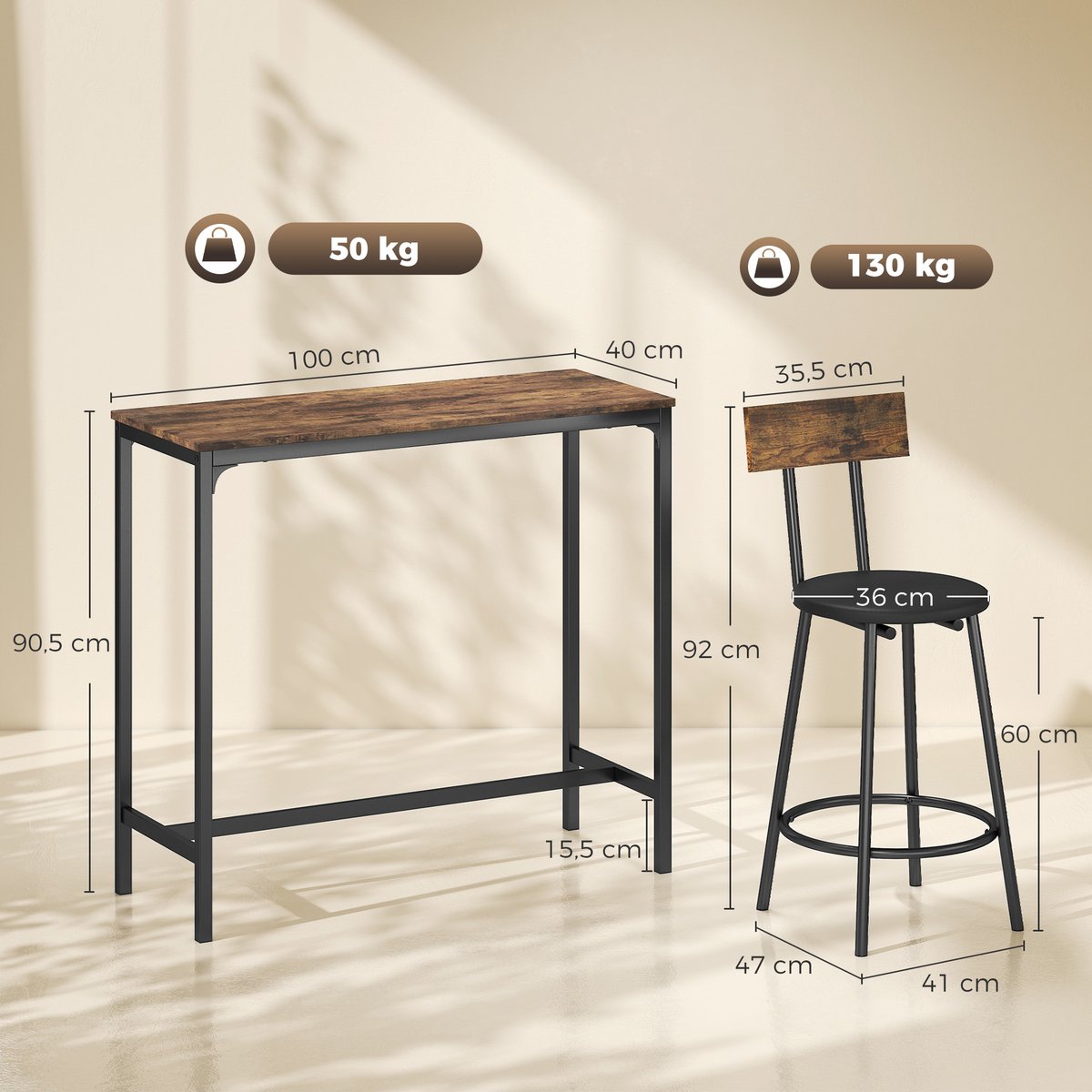 Ensemble de table de bar MDF Brun Rustique brun rustique, noir, HOMCOM