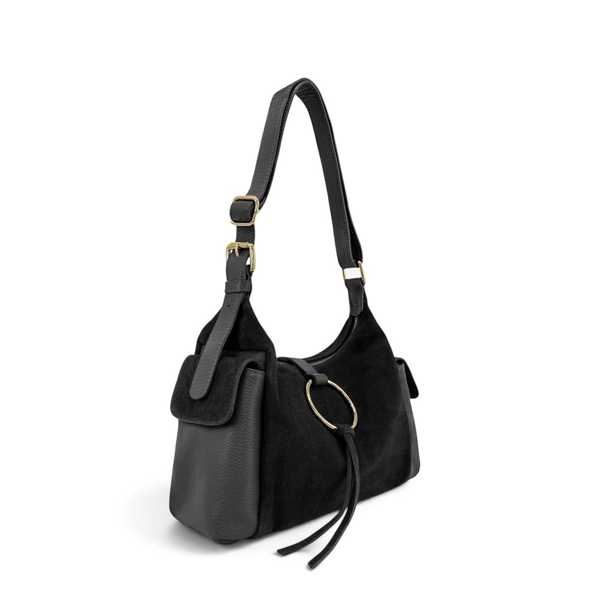 Sac hobo en cuir grainé et cuir velours LARA noir, OH MY BAG