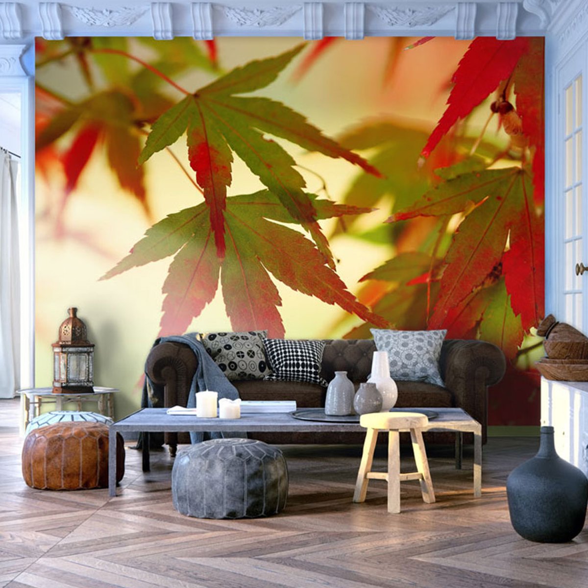 Papier peint intissé panoramique Paysage Feuilles colorées multicouleur, EDEN