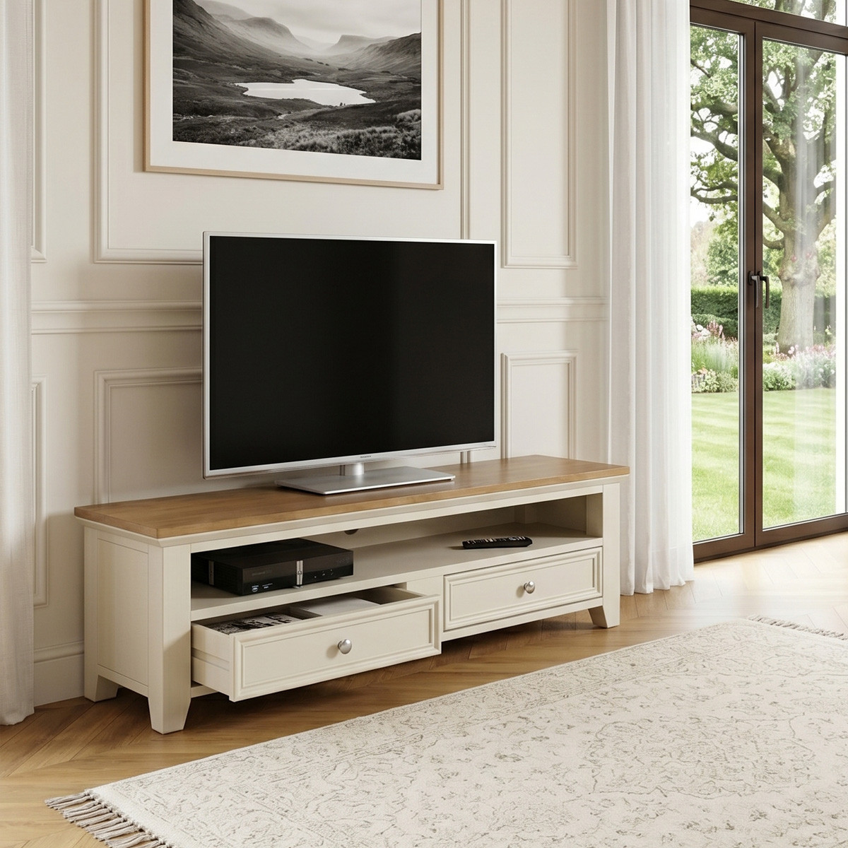 Meuble tv style en pin 2 tiroirs ARCHER blanc, ROBIN DES BOIS