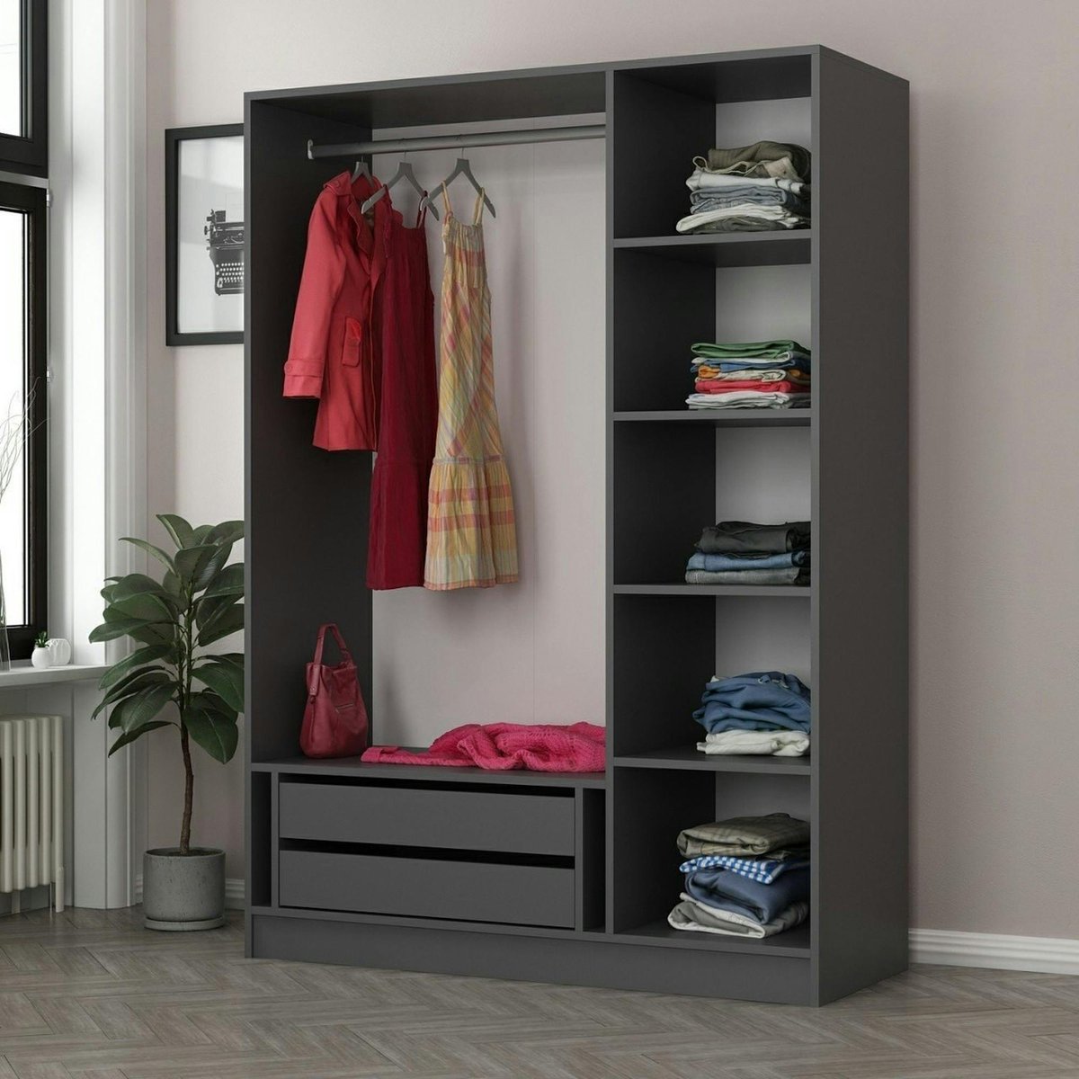 Armoire penderie grise design, 3 portes vitrées BYRON anthracite, PIER IMPORT