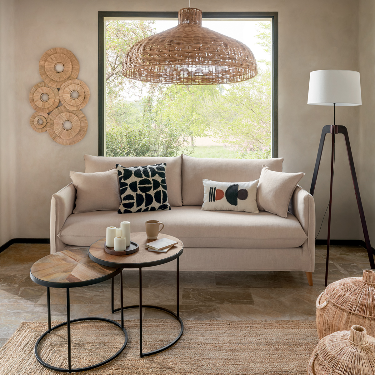 Lot de 2 paniers ronds en jute sur structure métal BALAYA beige, ATMOSPHERA