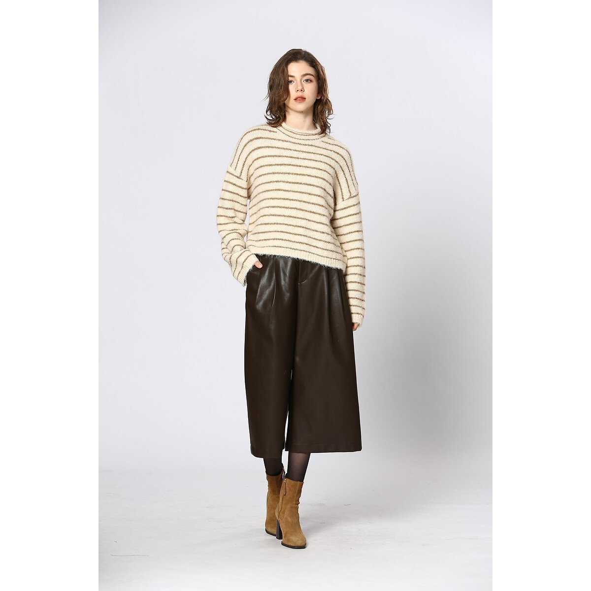 Striped Crew Neck Jumper with Long Sleeves cream, SEE U SOON