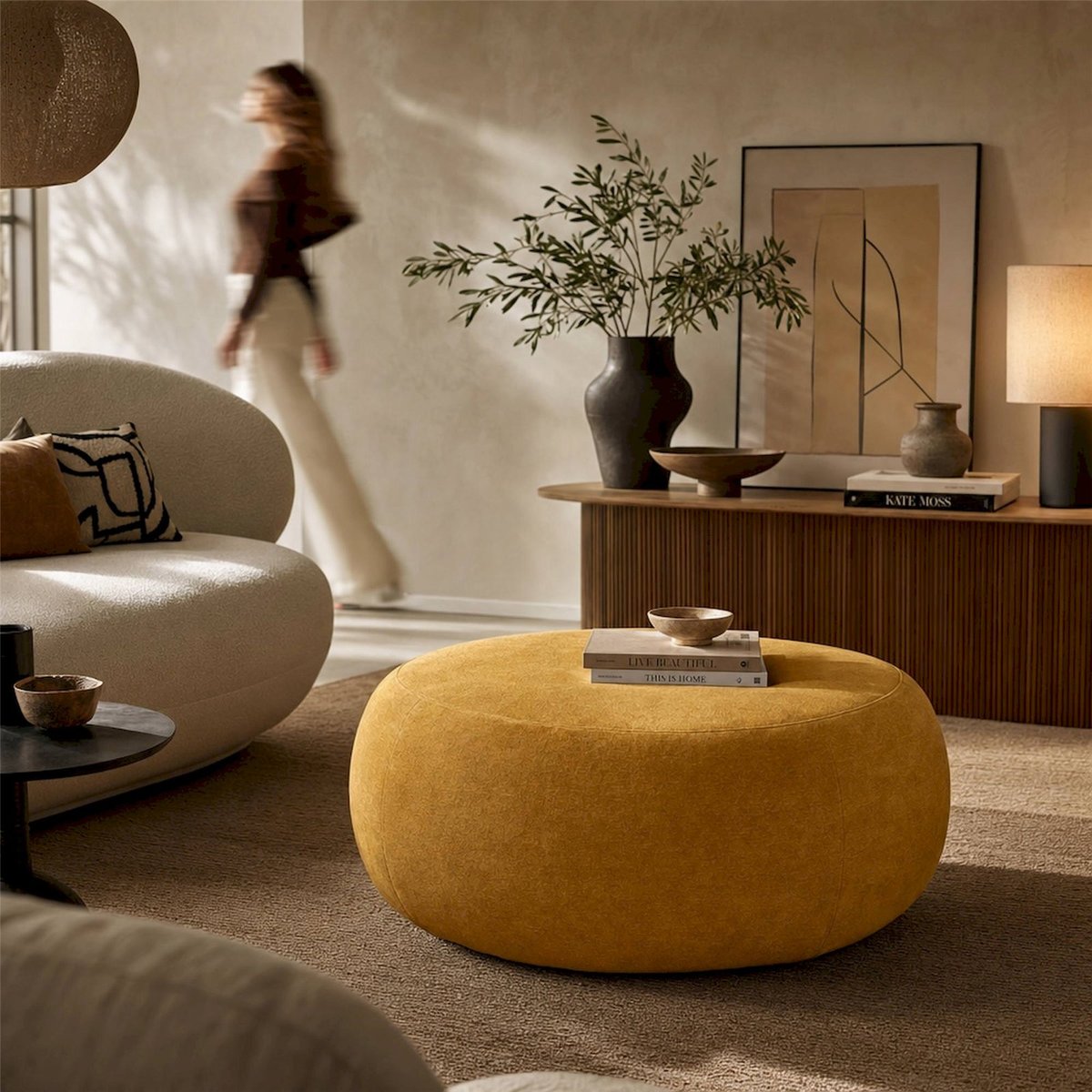 Pouf rond en tissu jaune moutarde, RECOLLECTION