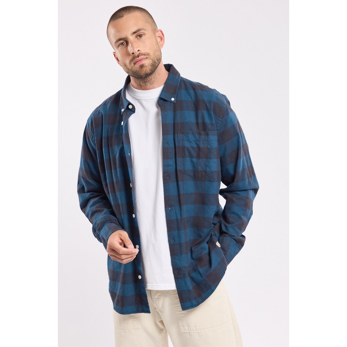 Chemise à carreaux en coton flanelle carreaux fondu marine deep, ARMOR-LUX