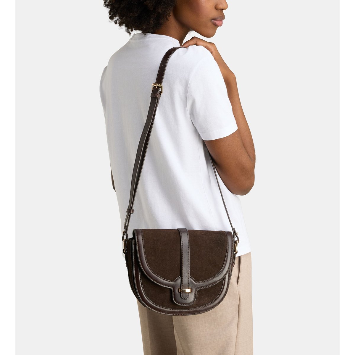 Sac à main apollina cuir suède et lisse marron chocolat, GALERIES LAFAYETTE