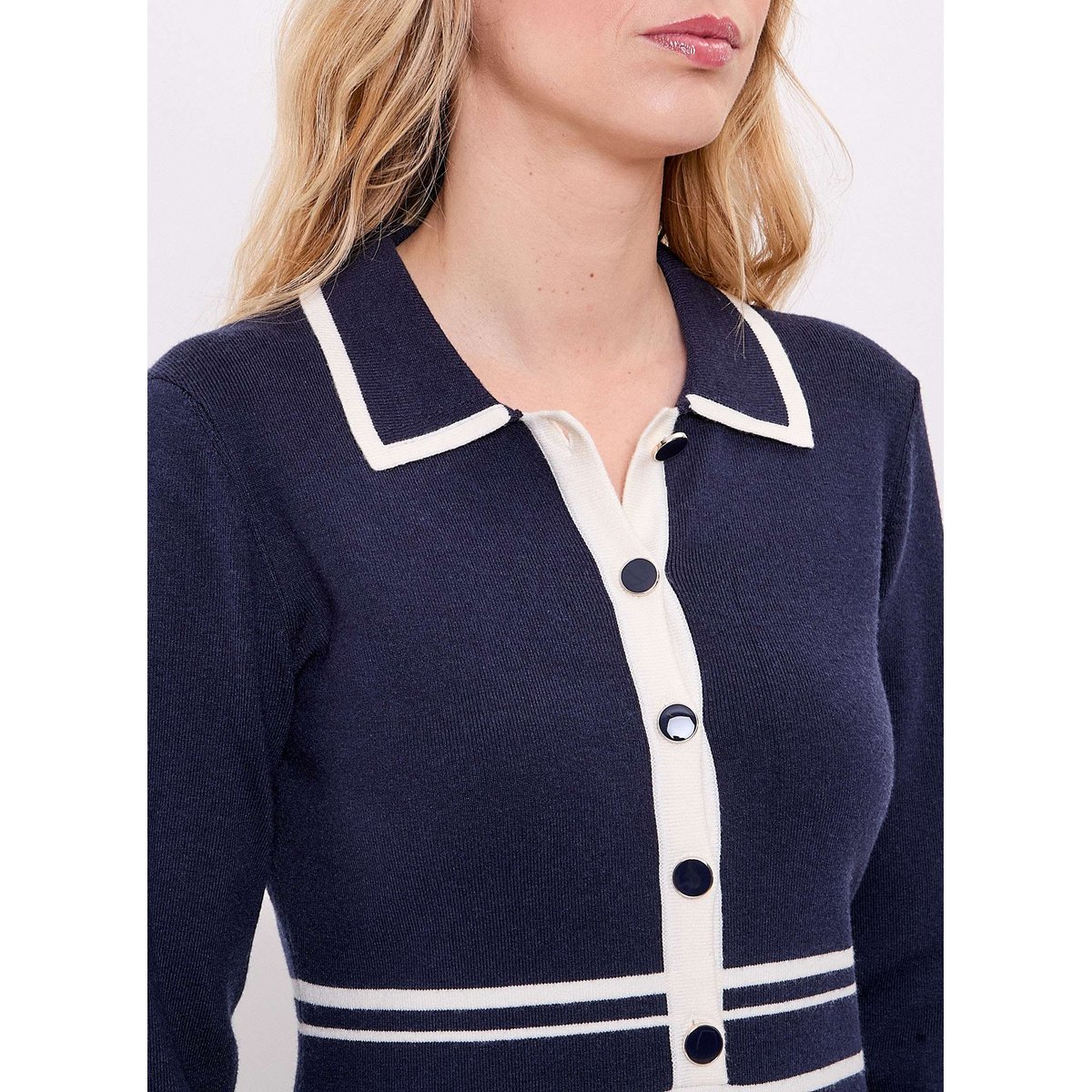 Robe maille compacte col chemisier MARGAUX bleu marine blanc, PRINCESSE NOMADE
