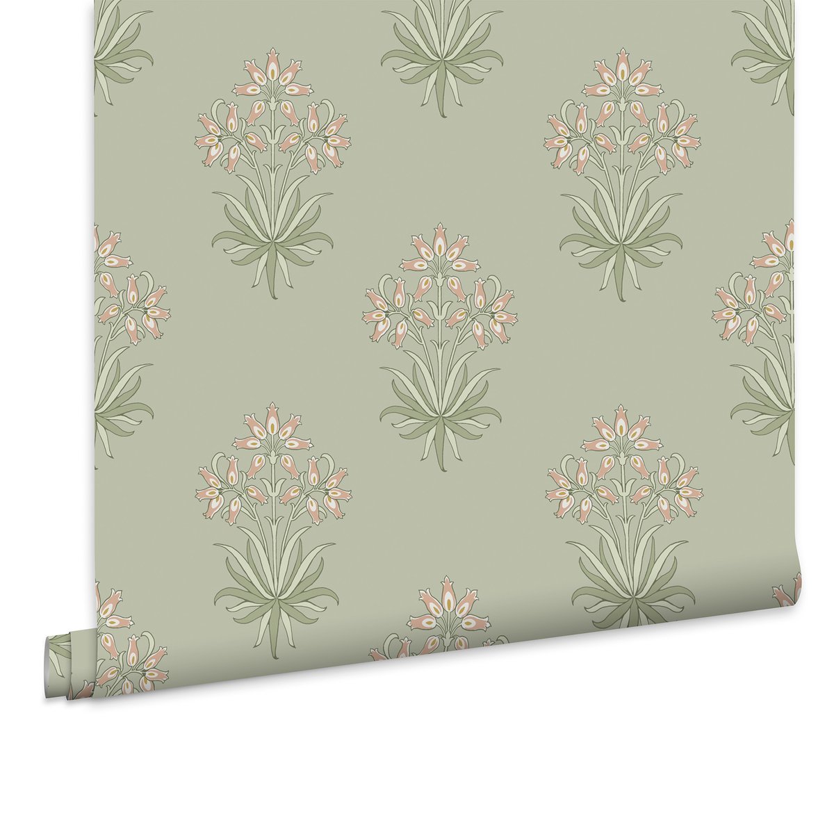 Papier peint fleuri Hyacinth Peony & Sage vert, corail, WILLIAM MORRIS AT HOME