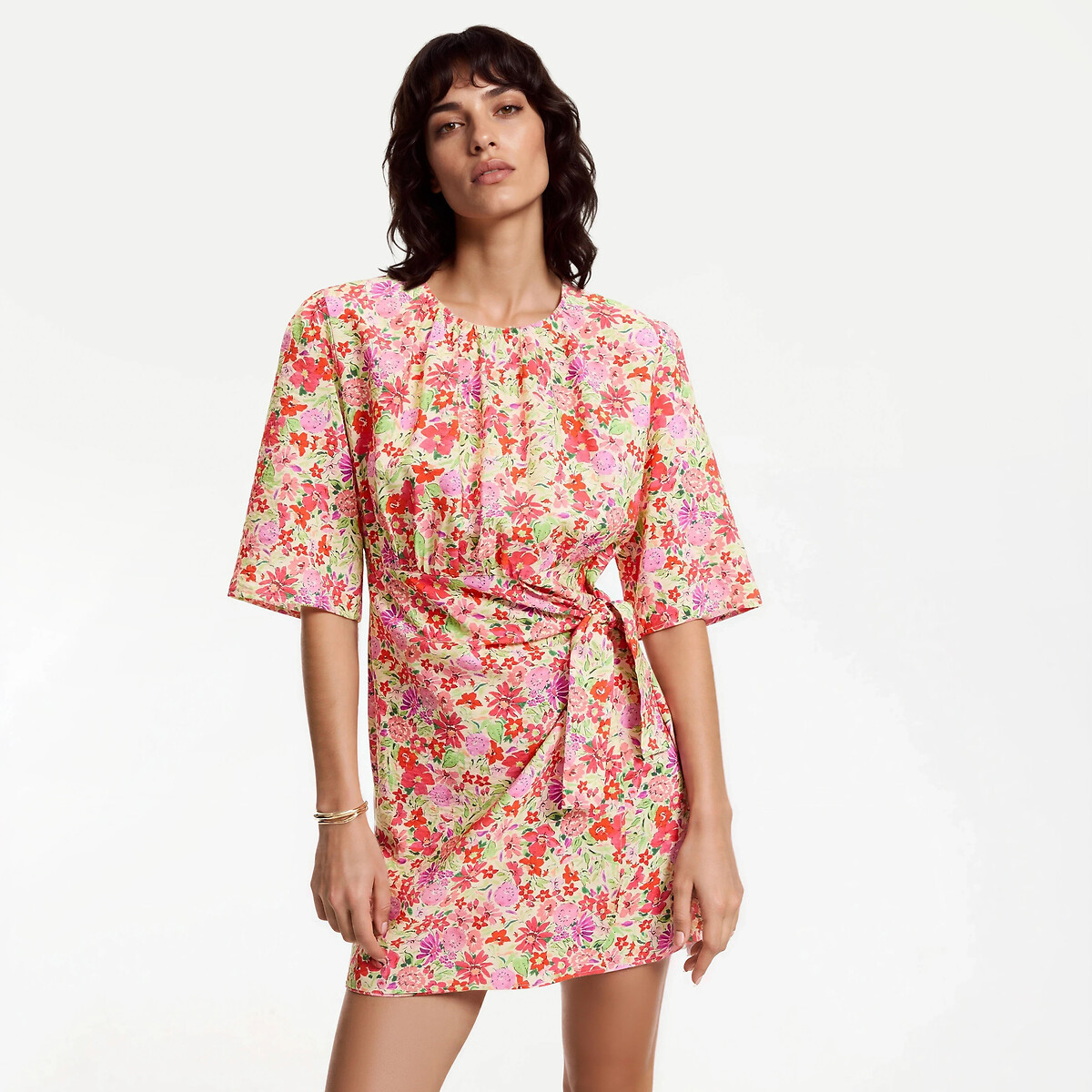 Robe courte manches courtes imprimé floral, à nouer imprimé fleurs rouge, LA REDOUTE COLLECTIONS