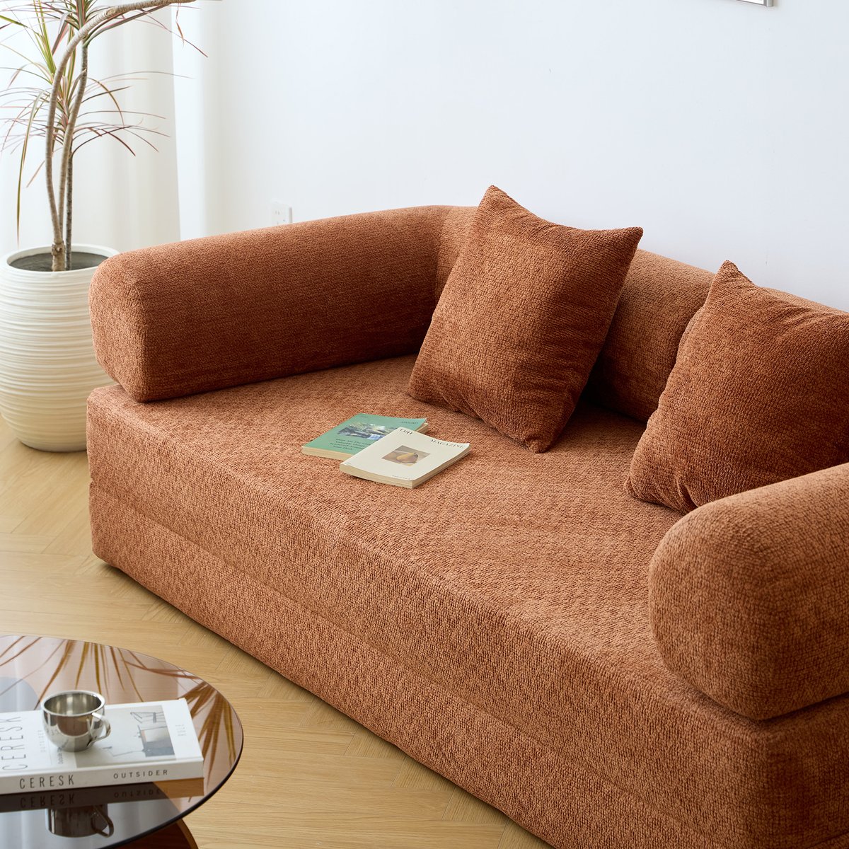 Canapé lit convertible en tissu terracotta, SARIA terracotta, NORDLYS