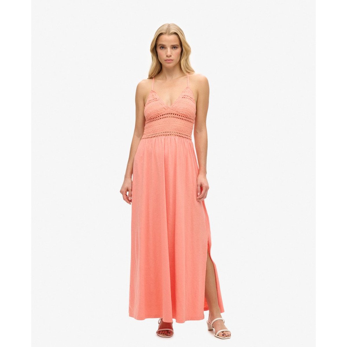 Robe longue en jersey et dentelle corail fusion, SUPERDRY