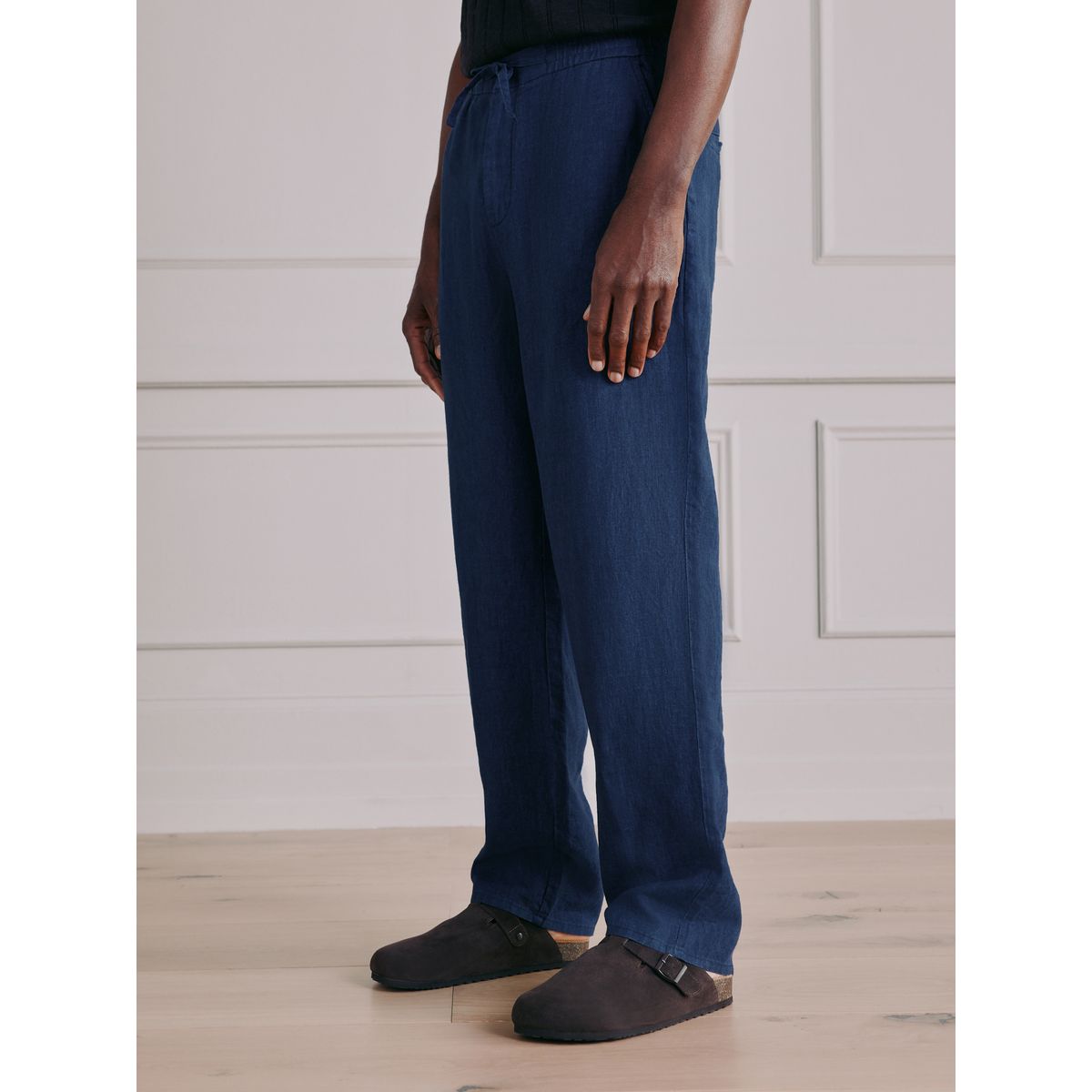 Pantalon lin taille élastique signature bleu marine, NEXT