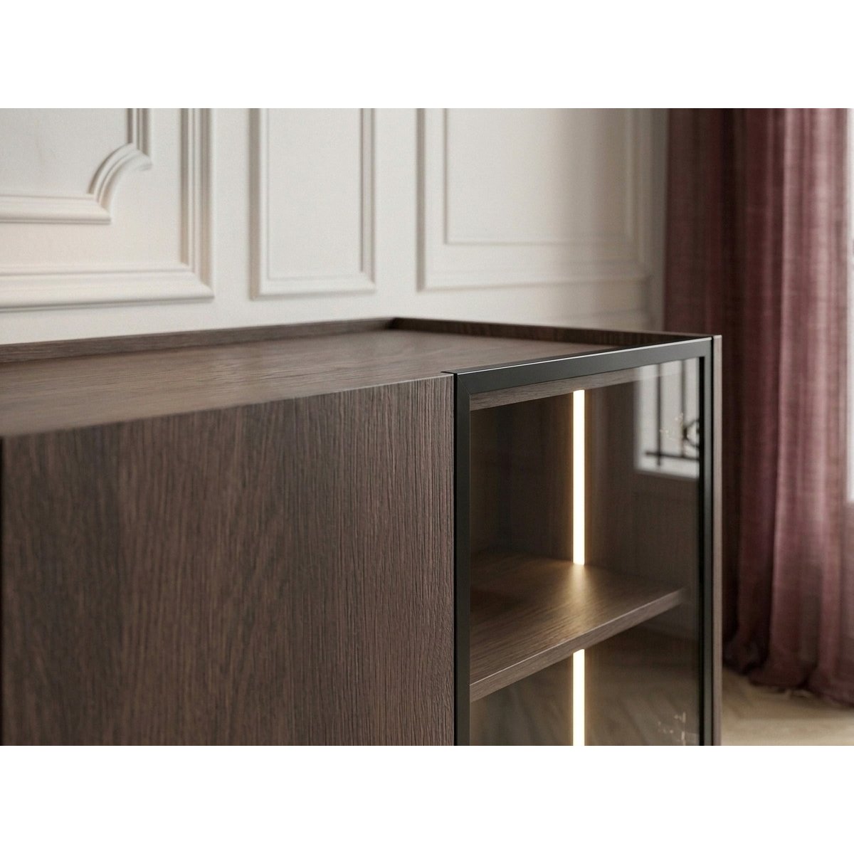 Buffet bas en  4 portes 220 cm, AURORA noir et noyer, BOBOCHIC