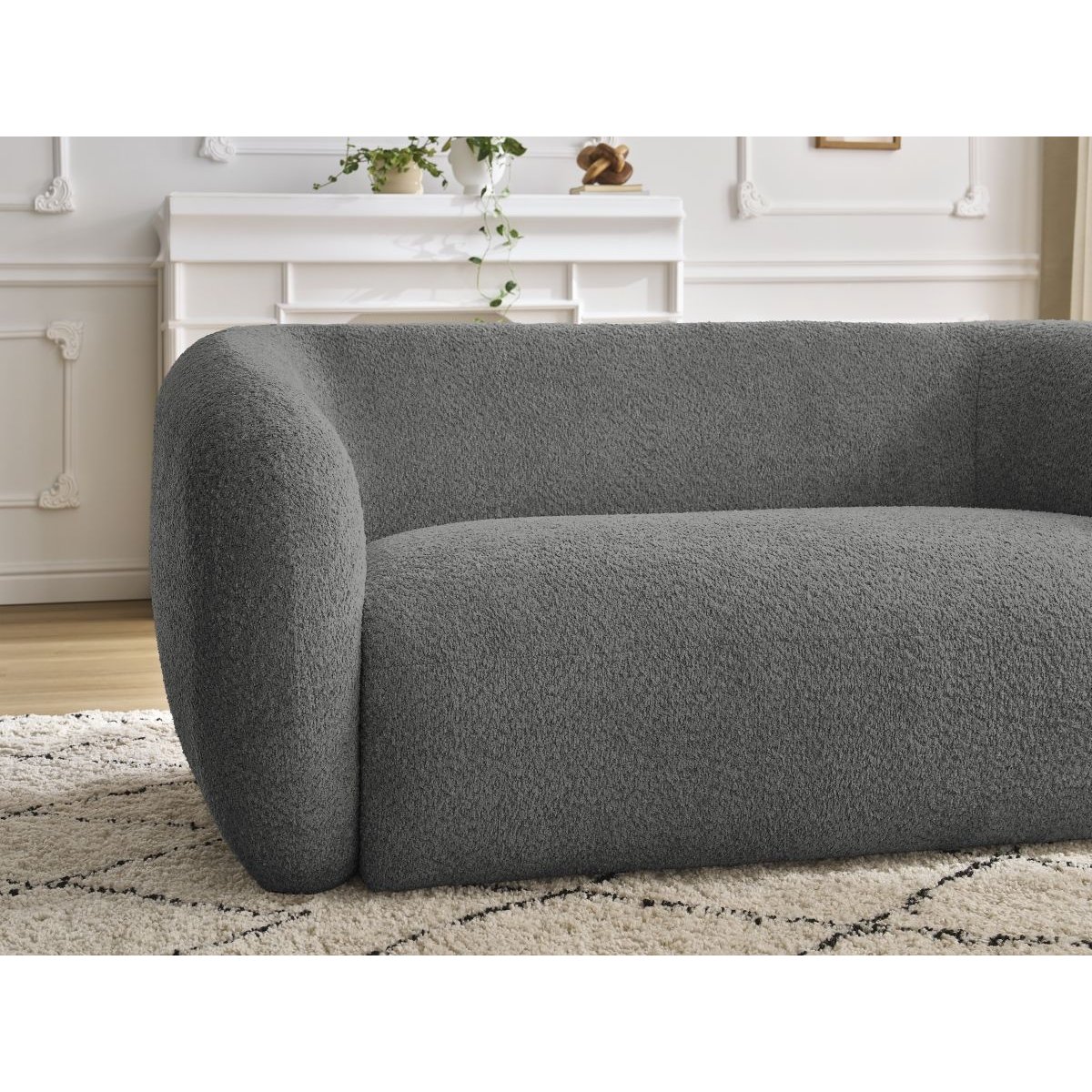 Canapé droit fixe 2 places en tissu bouclette, CELINE gris foncé, BOBOCHIC