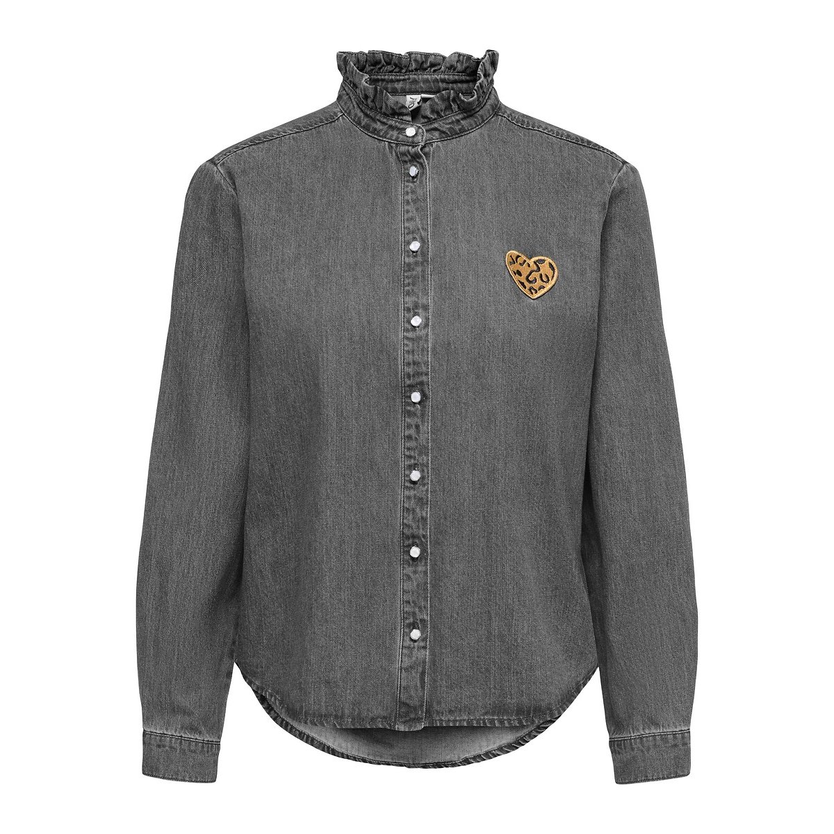Chemisier en denim col mao, cœur poitrine gris, ONLY