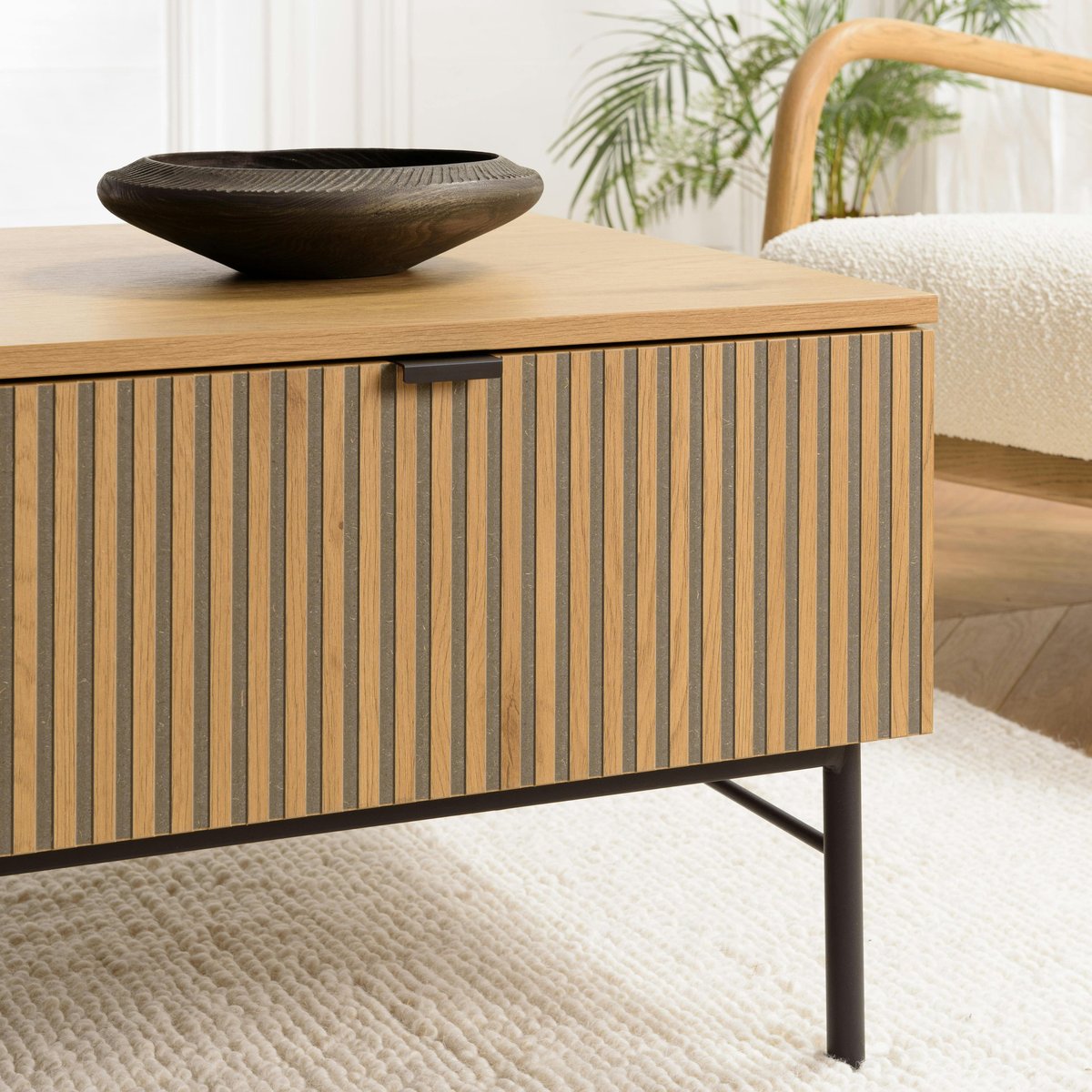 Table basse 2 tiroirs décor effet bois rainuré noir/naturel OLETTA bois naturel, PIER IMPORT