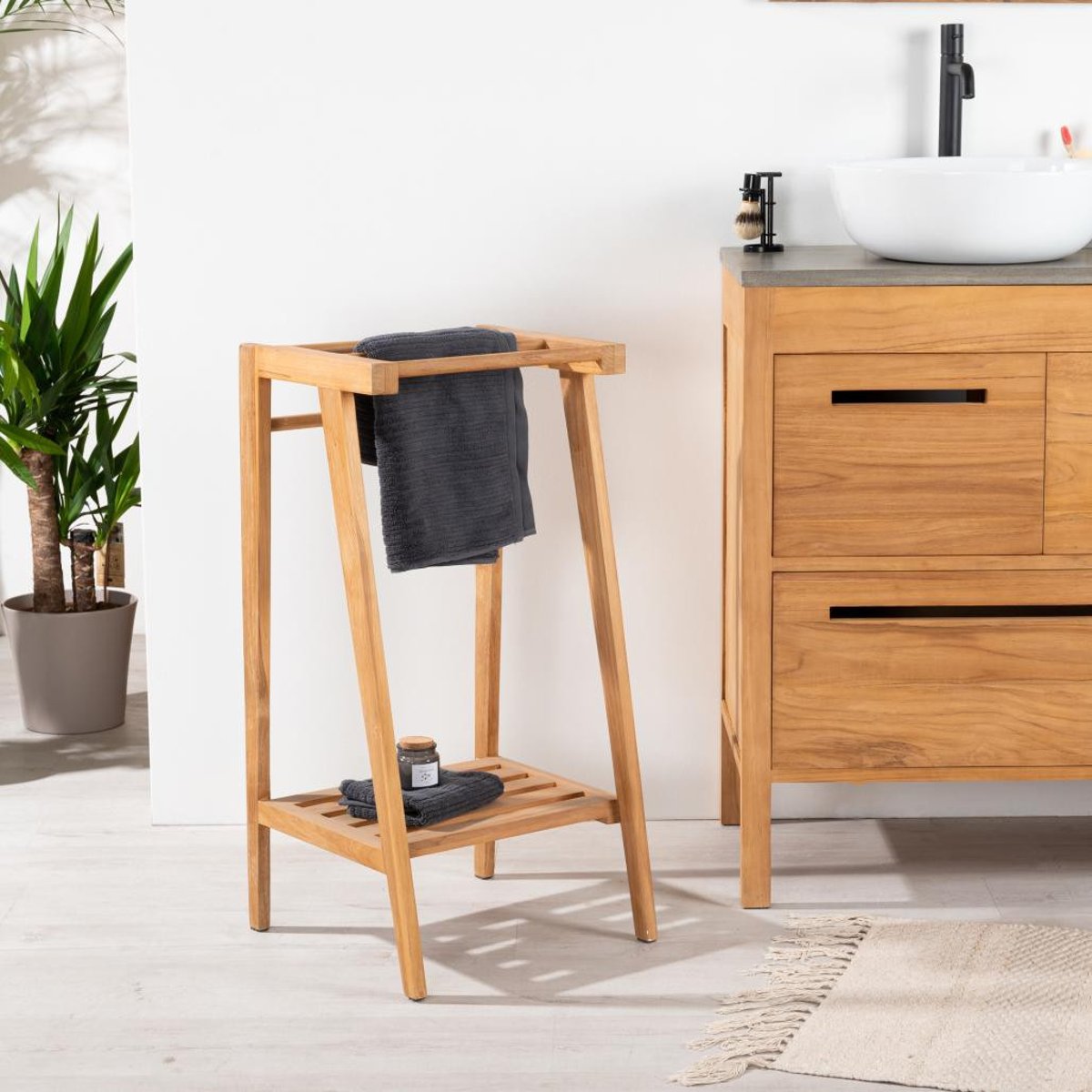 Porte serviette en teck rectangle à poser naturel, WANDA COLLECTION
