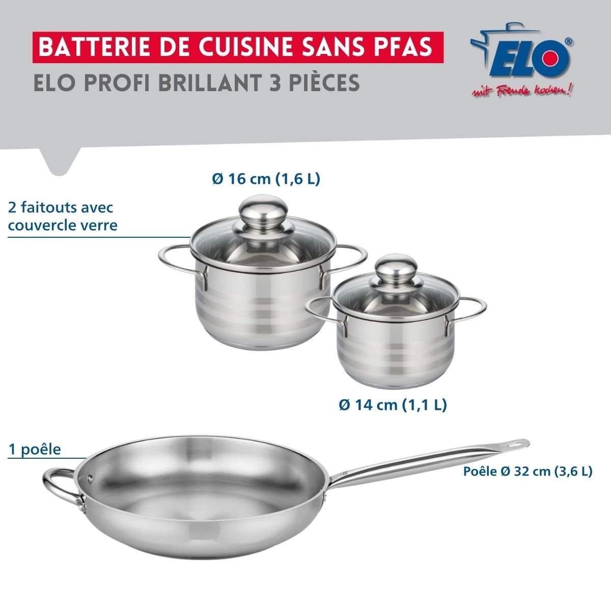 Batterie 1 poêle 32cm + 2 faitouts 14/16cm PROFI BRILLANT gris, ELO
