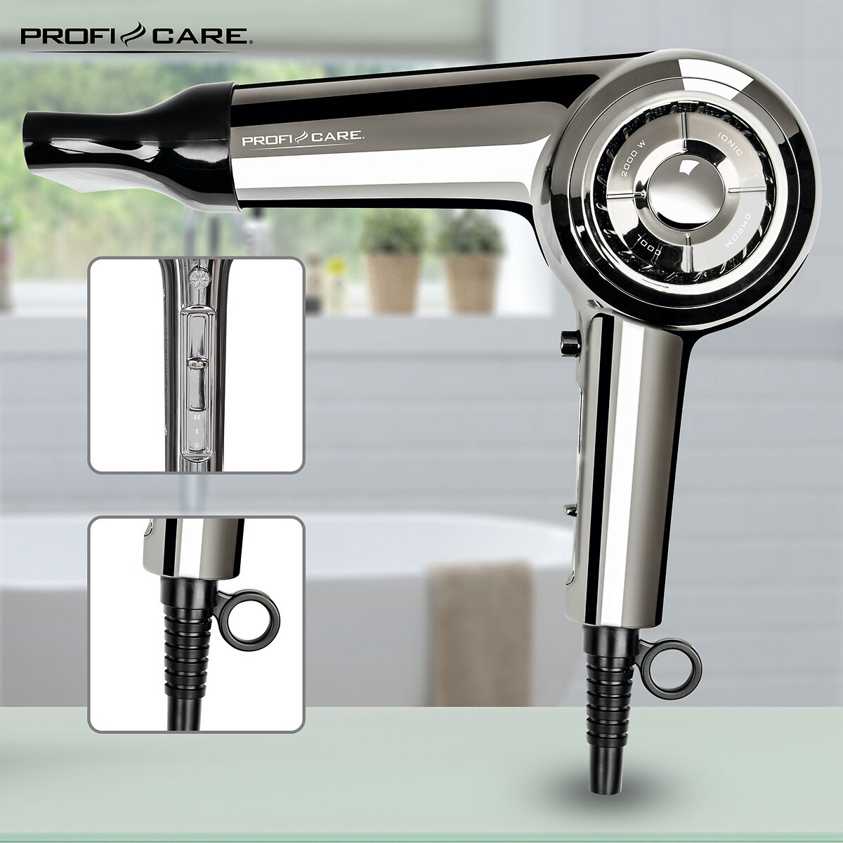 Secador de cabelo profissional, 2000 W, da Proficare cromado, PROFICARE