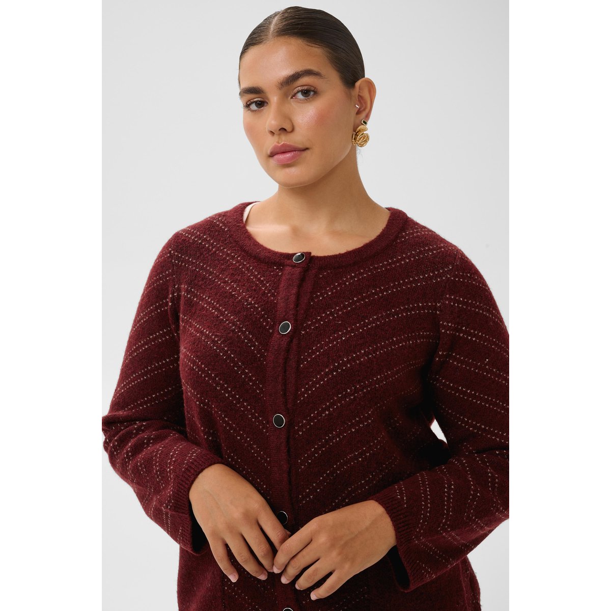 Cardigan à tricot rouge port m./desert taupe m. stripe, KAFFE CURVE