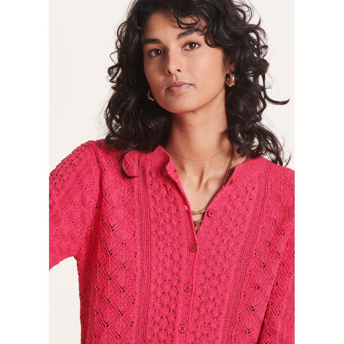 Gilet à col rond en maille chinée azalee, LA FEE MARABOUTEE