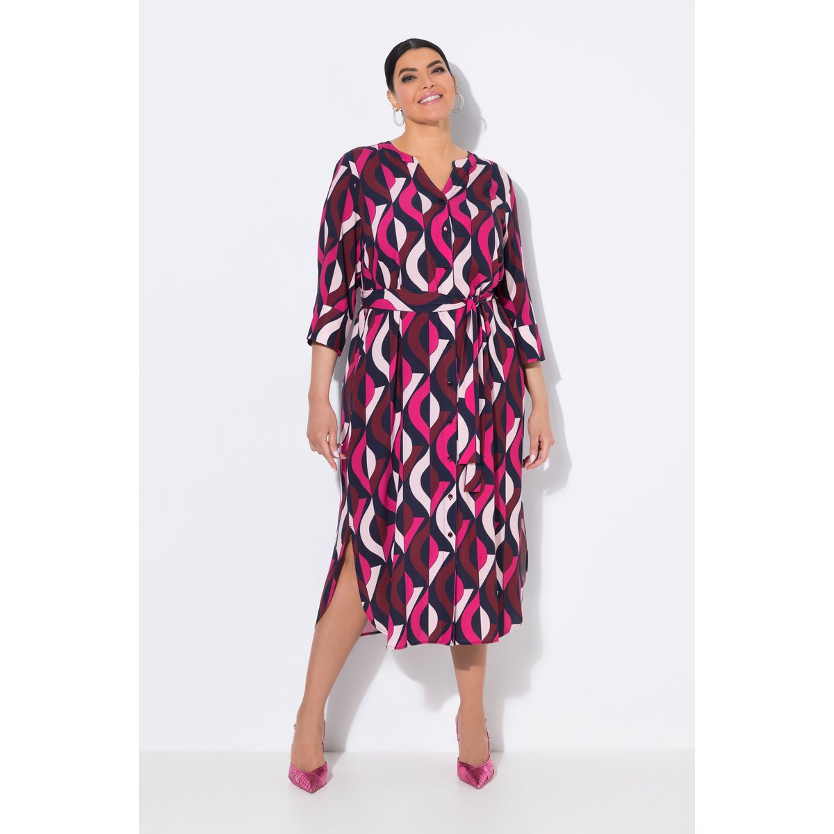 Robe maxi, col tunisien et manches 3/4 rose vif, ULLA POPKEN
