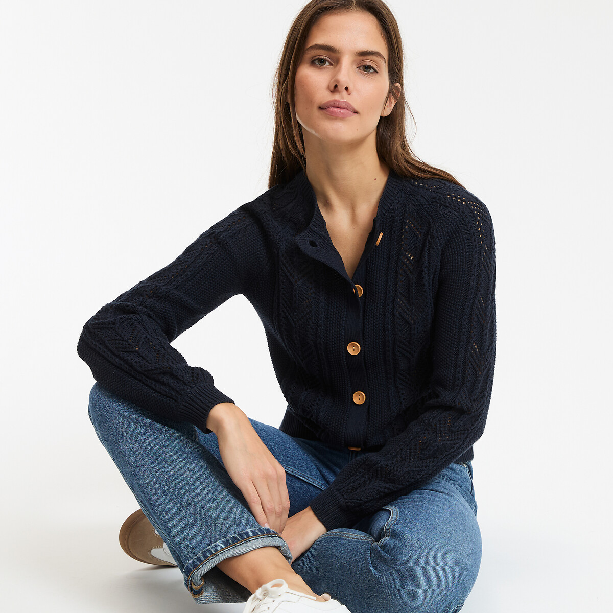 Cardigan en maille pointelle pur coton bleu marine, LA REDOUTE COLLECTIONS