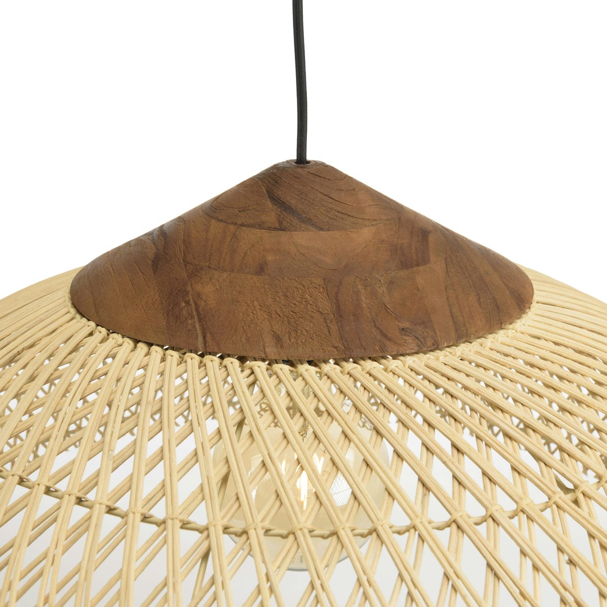Suspension ronde 65cm en rotin et teck FOLELLI ecru, PIER IMPORT