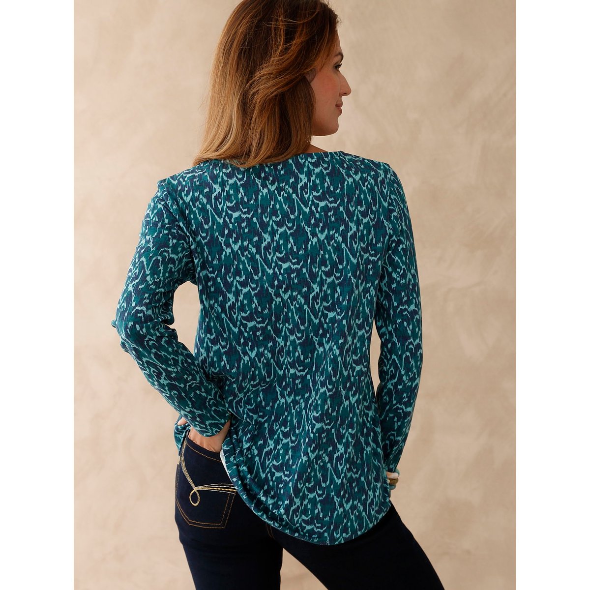 Tee-shirt évasé manches longues imprimé vert émeraude, DAXON