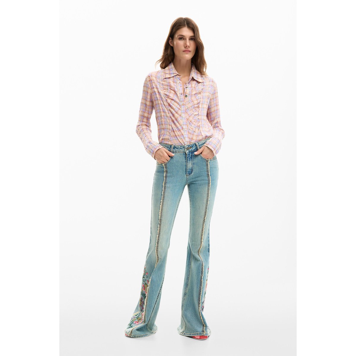 Pantalon en jean à fleurs évasé bleu clair, DESIGUAL