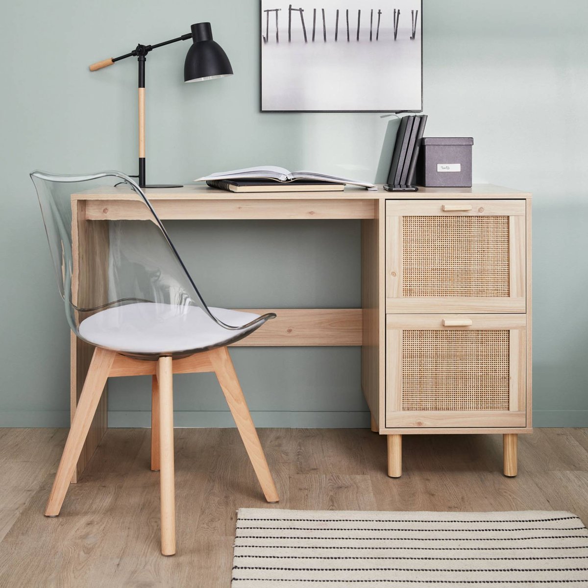 Bureau décor bois et cannage 2 tiroirs CAMARGUE naturel, SWEEEK