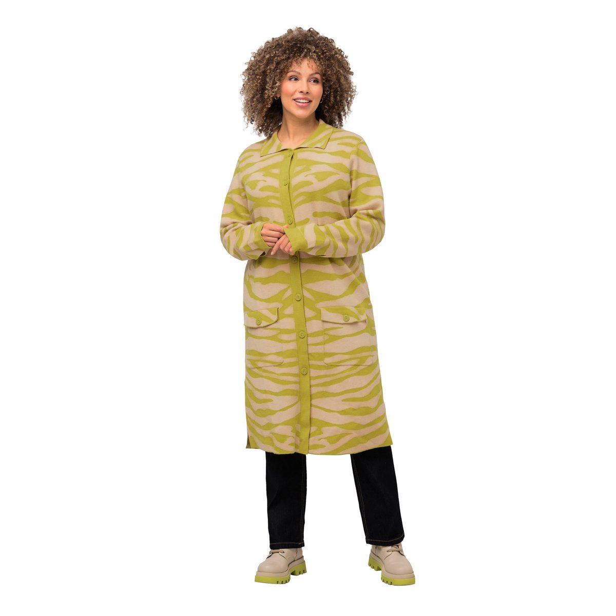 Cardigan à col chemise et poches poitrine vert jaune, ULLA POPKEN