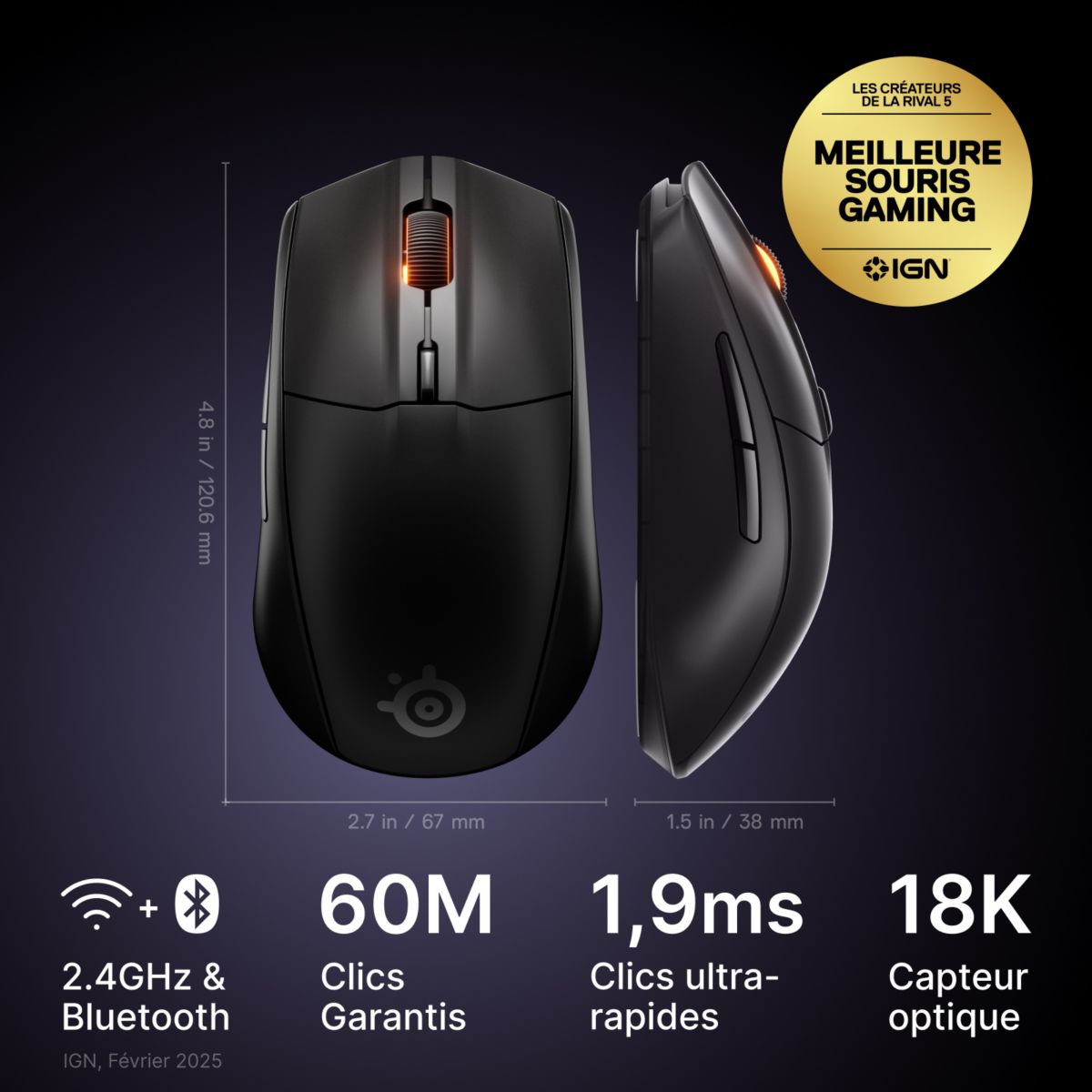 Souris Gamer Sans Fil Rival 3 WL Gen 2 Noir couleur unique, STEELSERIES