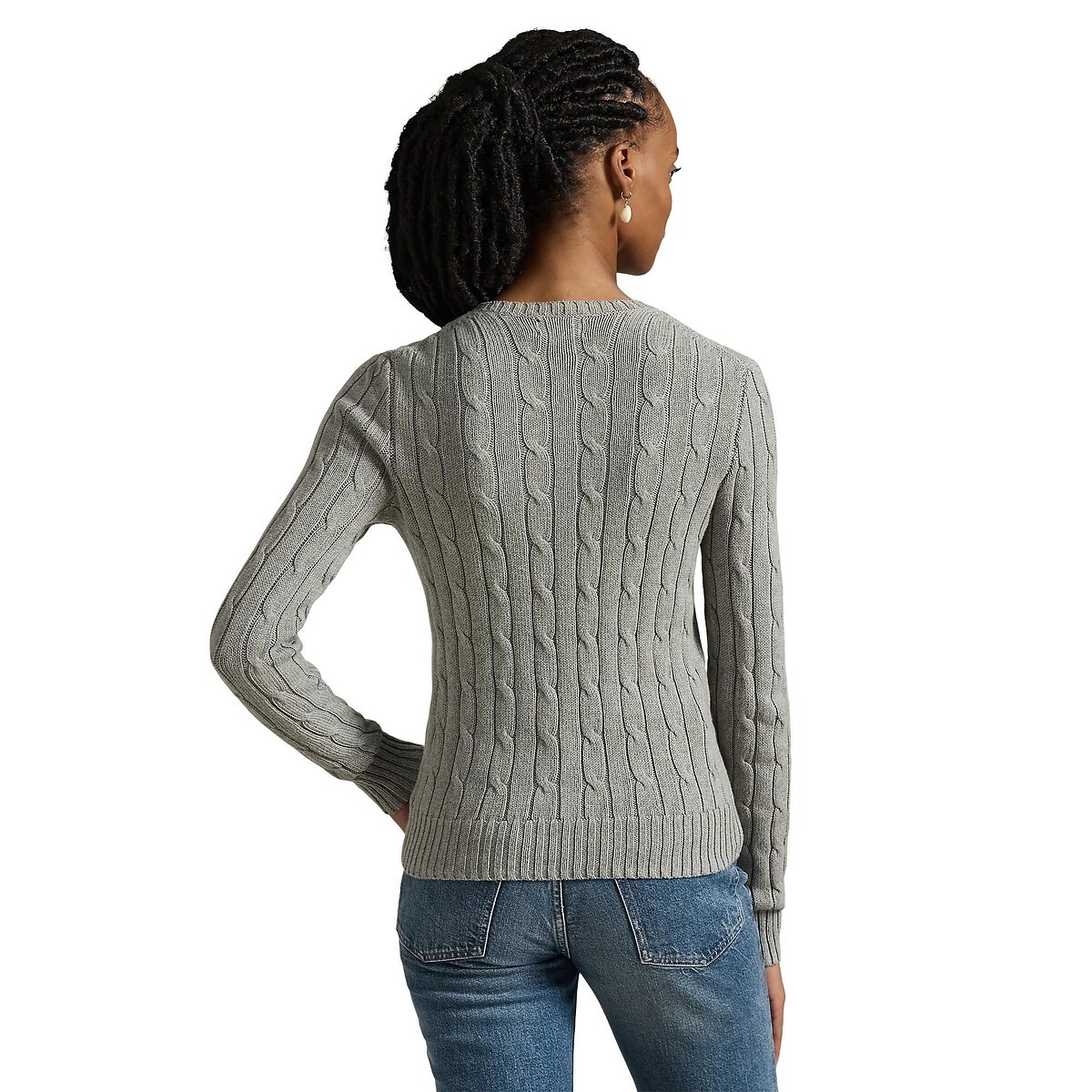 Pull à col rond, à manches longues, en maille torsadée gris, POLO RALPH LAUREN