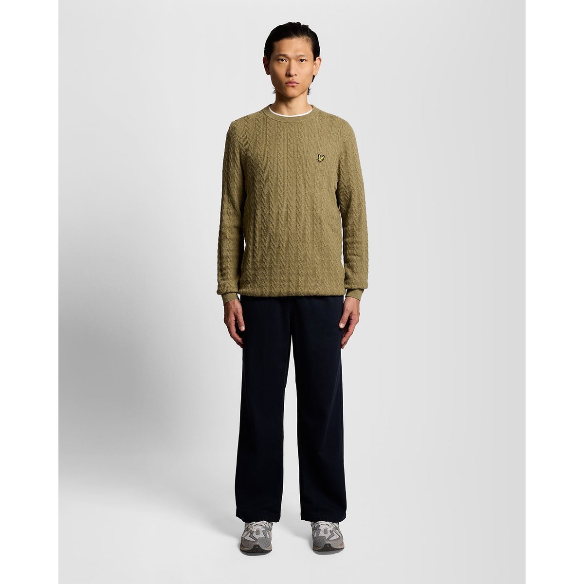 Pull en mélange de lin côtelé col rond vert herbe chiné, LYLE & SCOTT