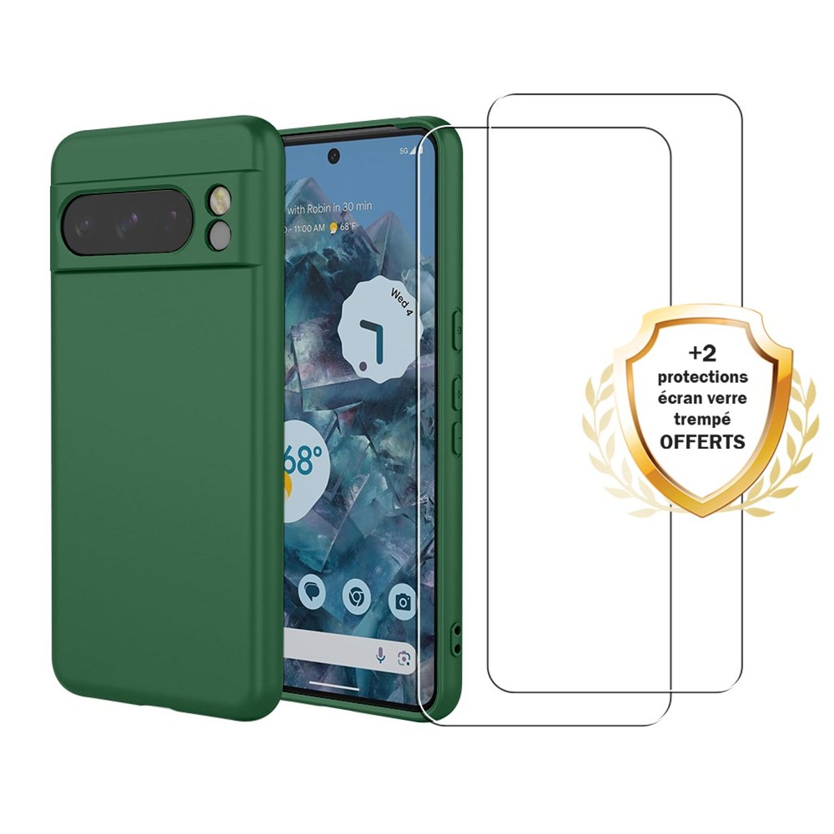 Coque Pixel 8 Pro antichoc + 2 vitres vert, EVETANE